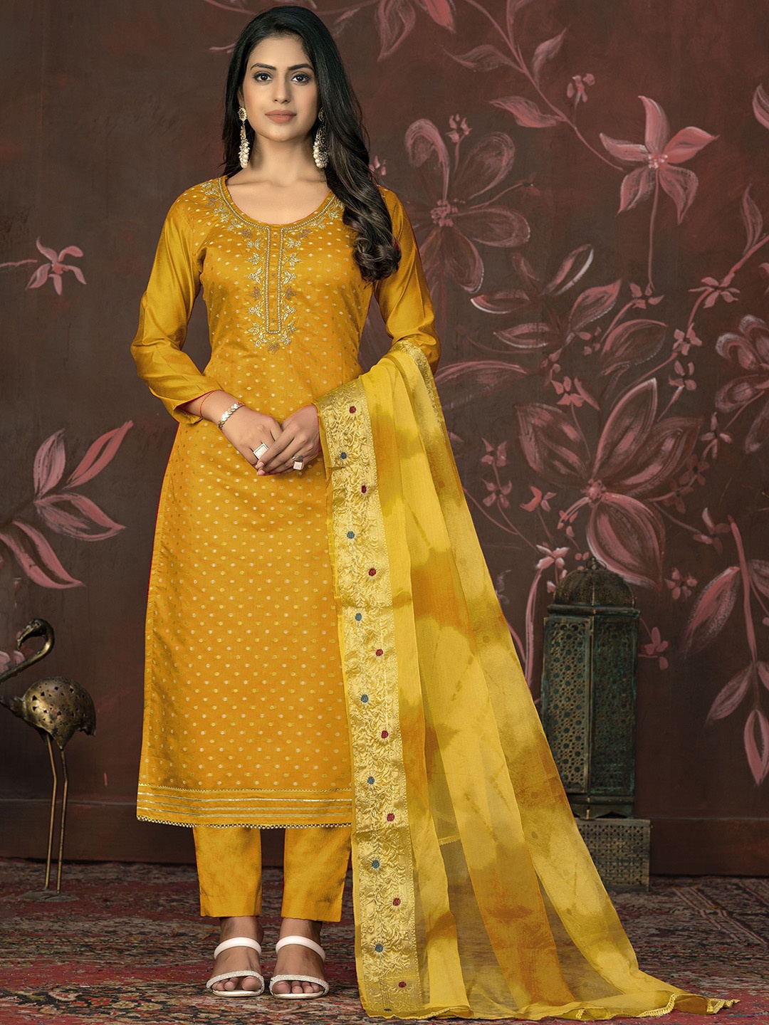 

Maroosh Floral Embellished Jacquard Unstitched Dress Material, Yellow