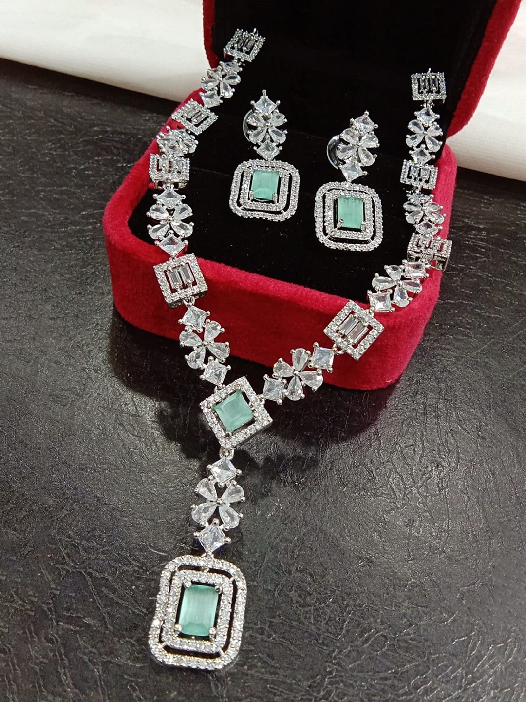 

Ladymania Silver-Plated AD-Studded Jewellery Set, Teal