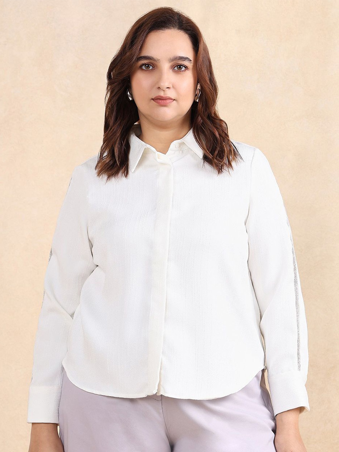 

RAREISM Women Plus Size Comfort Spread Collar Solid Casual Shirt, White