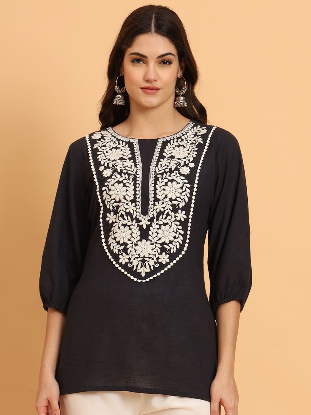 

KALINI Women Cotton Floral Embroidered A-Line Top, Black