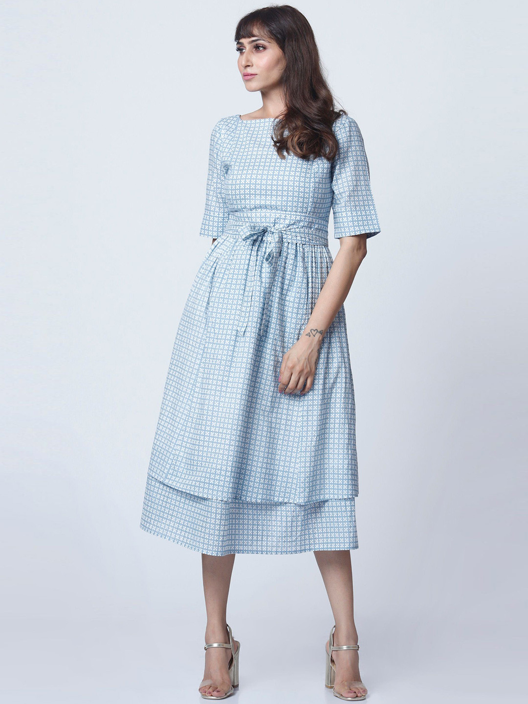 

Sini Lifestyle Women Cotton Ethnic Motifs Print Fit & Flare Midi Dress, Turquoise blue