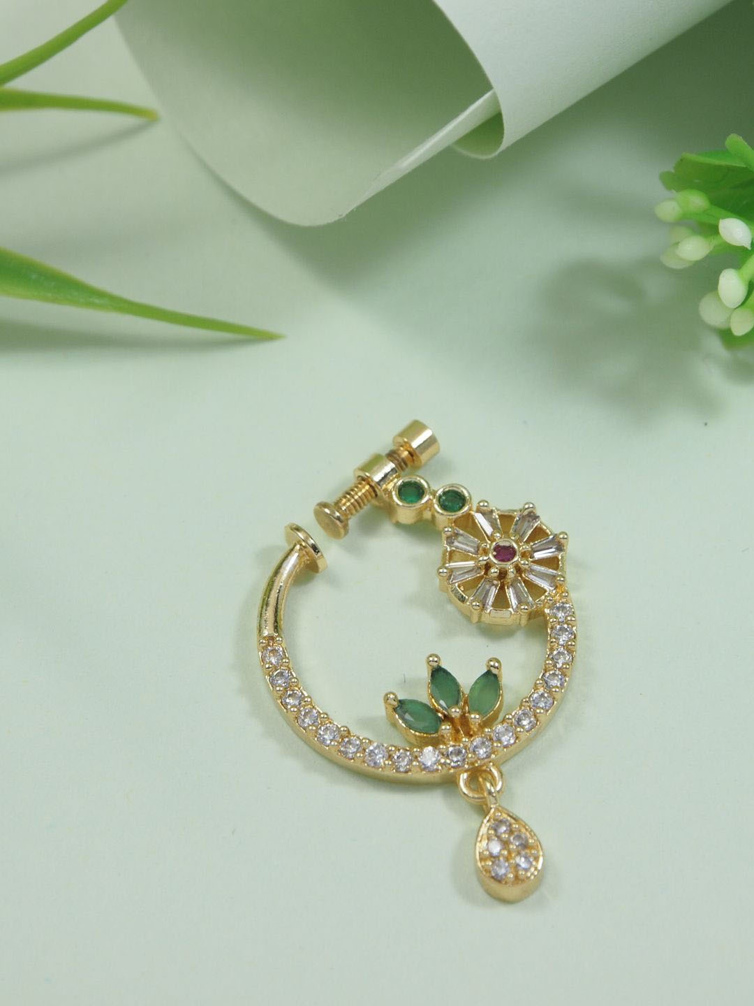 

I Jewels Gold-Plated Cubic Zirconia Studded Ring Nosepin