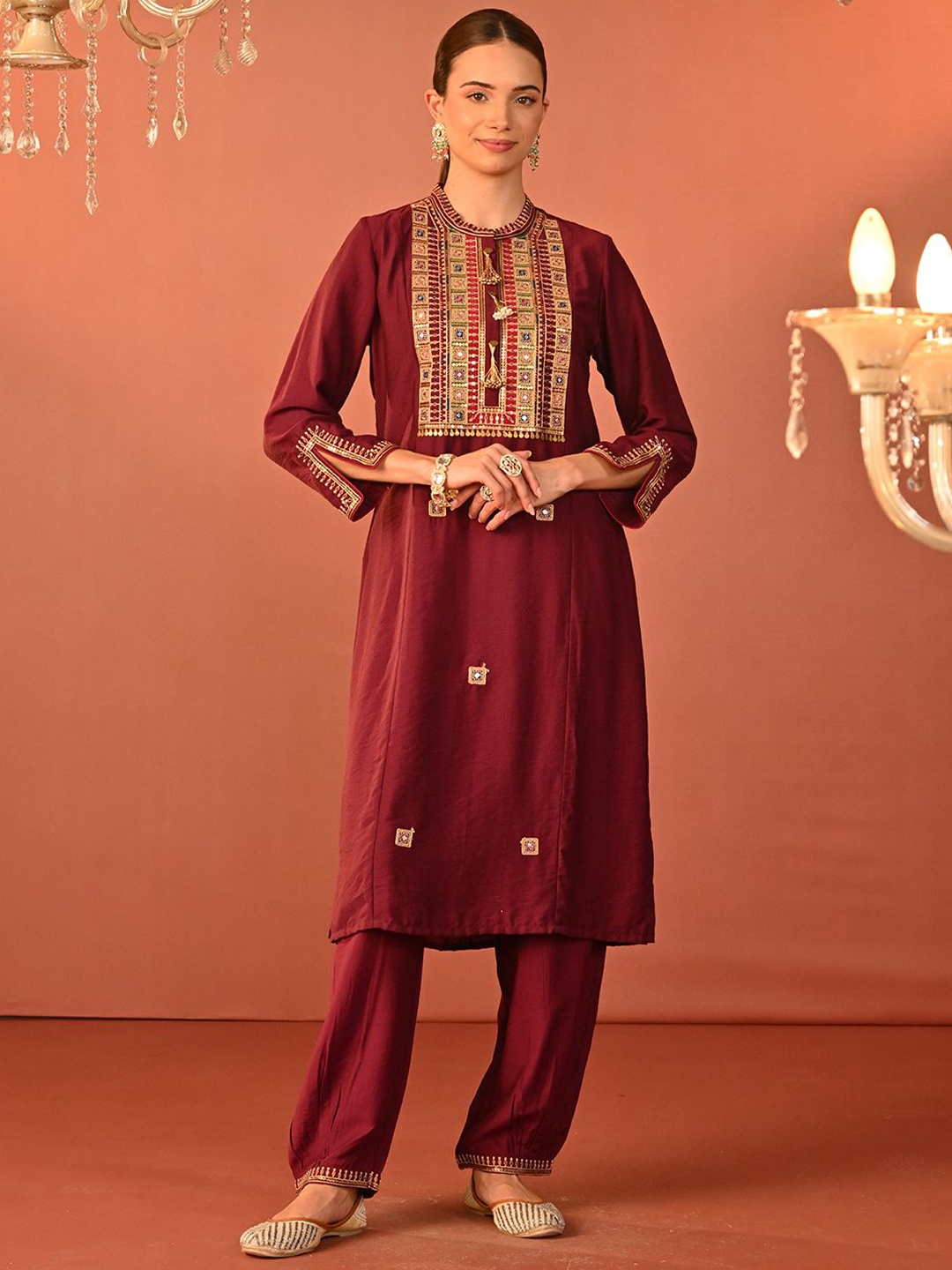 

Lakshita Embroidered Tunic With Trousers, Maroon