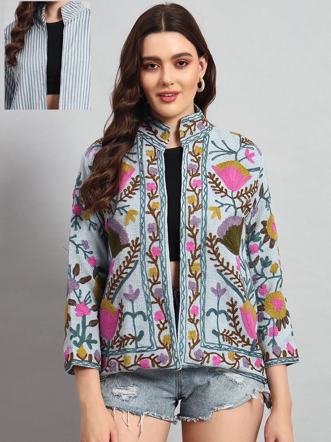 

HANDICRAFT PALACE Women Floral Embroidered Cotton Ethnic Open Front Reversible Jacket, Blue