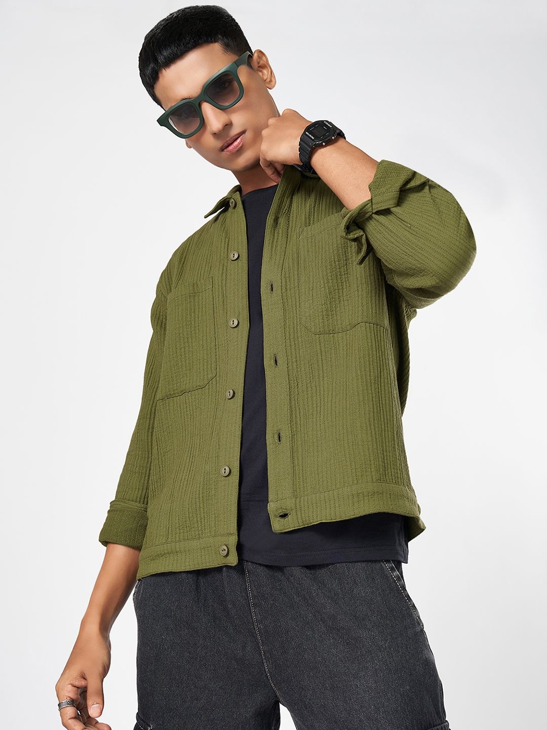 

People Men Spread Collar Solid Relaxed Fit Casual Shirt, Olive