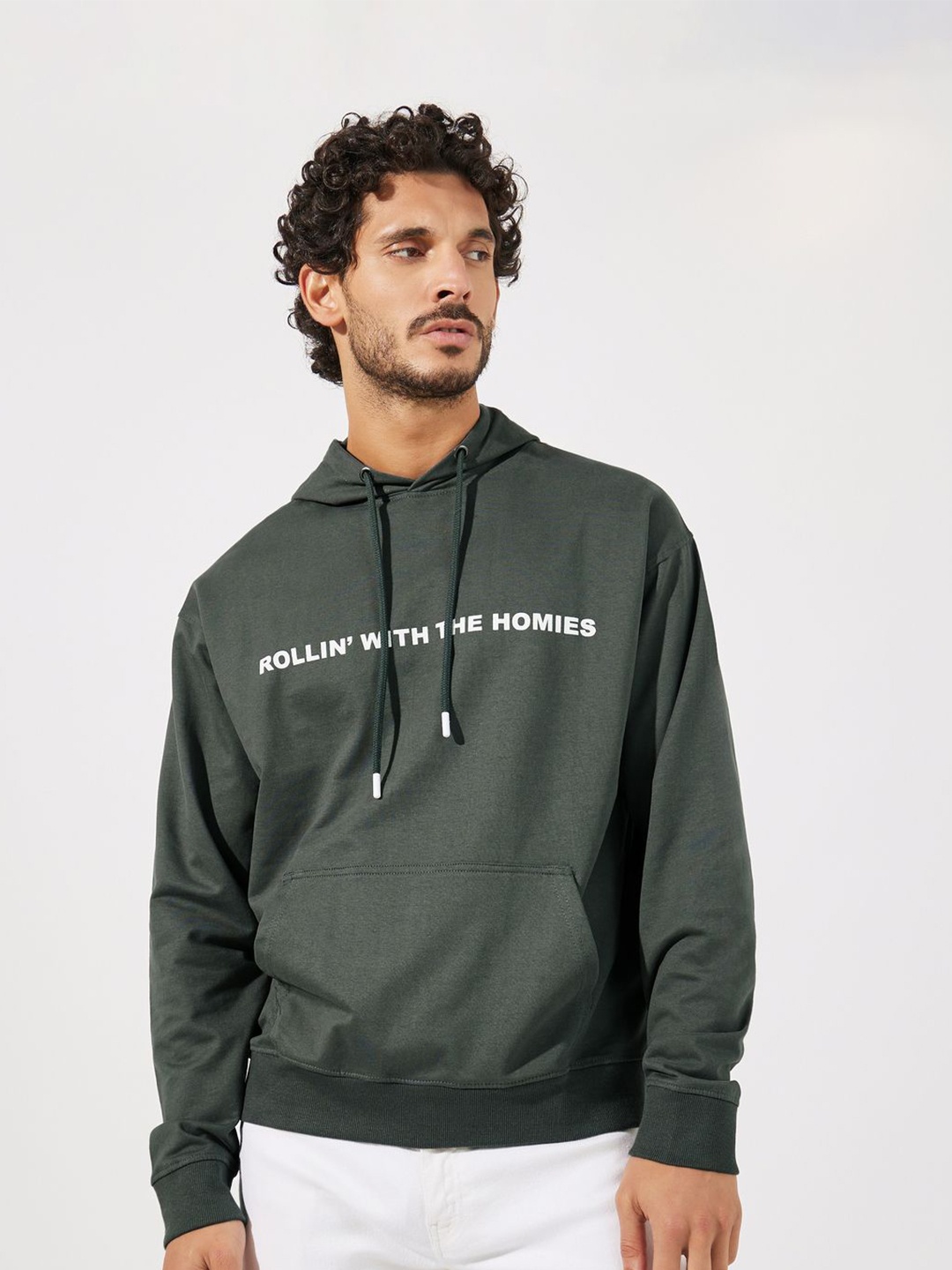 

Styli Typography Printed Hooded Pure Cotton Relaxed Fit Pullover, Grey