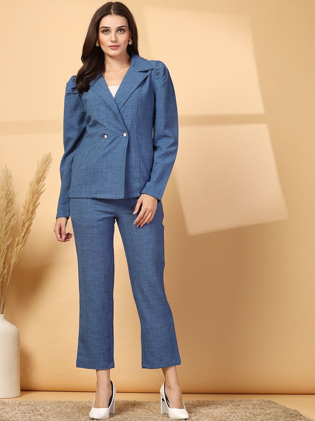 

plusS Blue Lapel Collar Long Sleeves Pure Cotton Blazer With Trouser