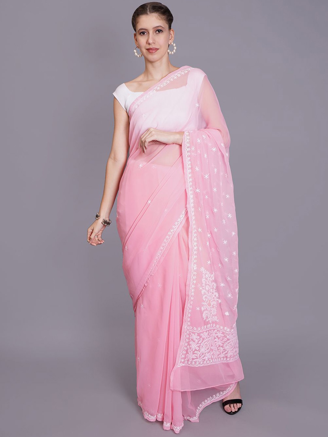

Seva Chikan Ethnic Motifs Embroidered Chikankari Saree, Peach