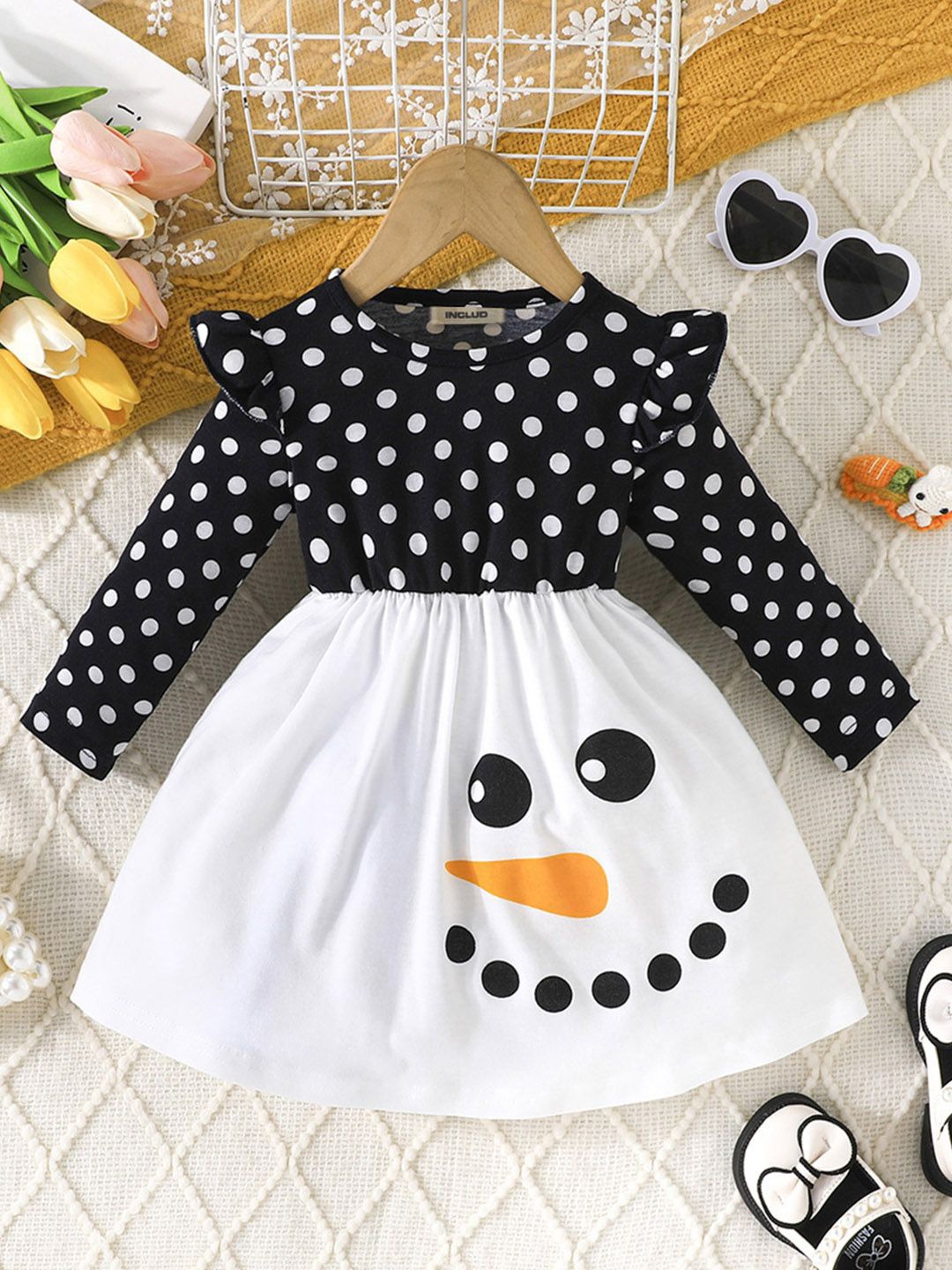 

INCLUD Girls Polka Dot Printed Round Neck Long Sleeves Fit & Flare Dress, Black