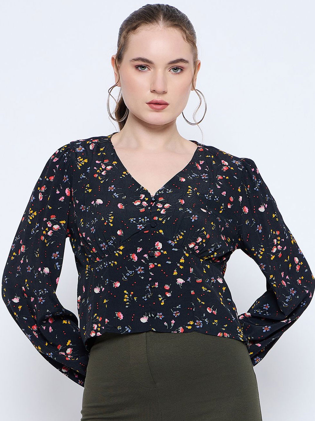 

Madame Women Floral Printed Empire Top, Black
