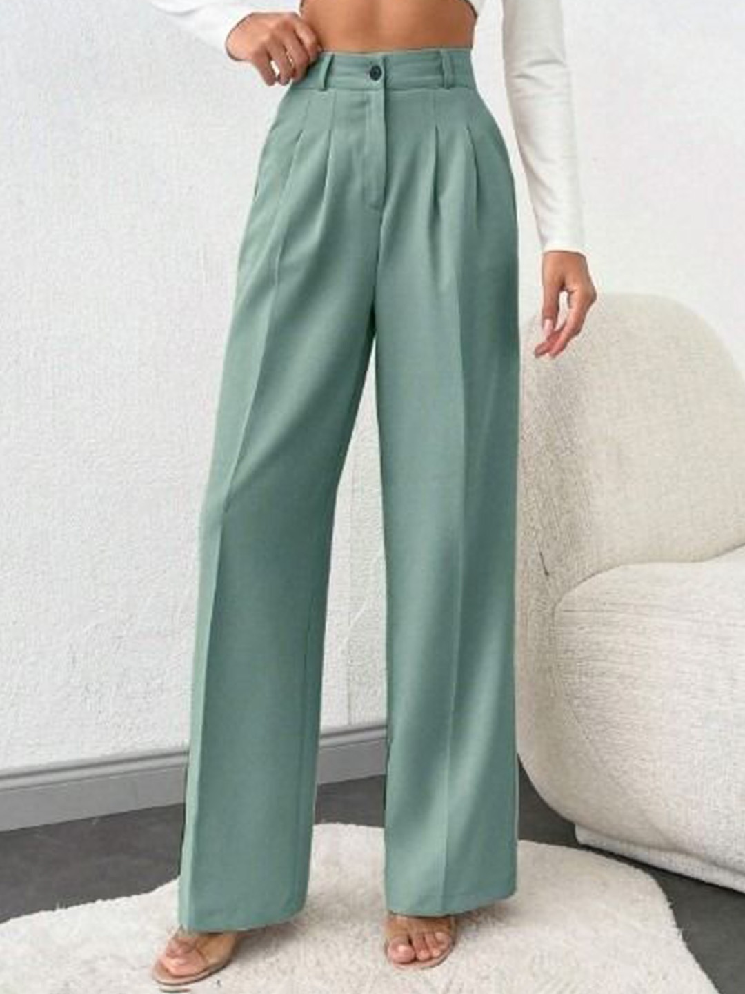 

Next One Women High-Rise Pleated Korean Trousers, Green