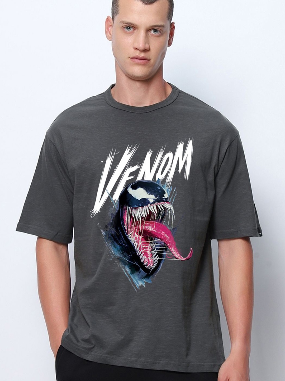 

Bewakoof AIR Men Solid Round Neck Cotton Oversized Venom T-shirt, Grey