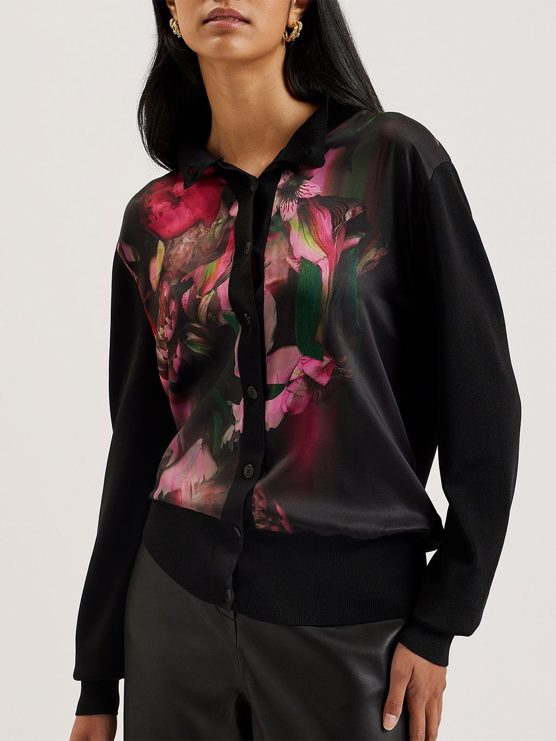 

Ted Baker Women Cotton Floral Front-Open Cardigan, Black