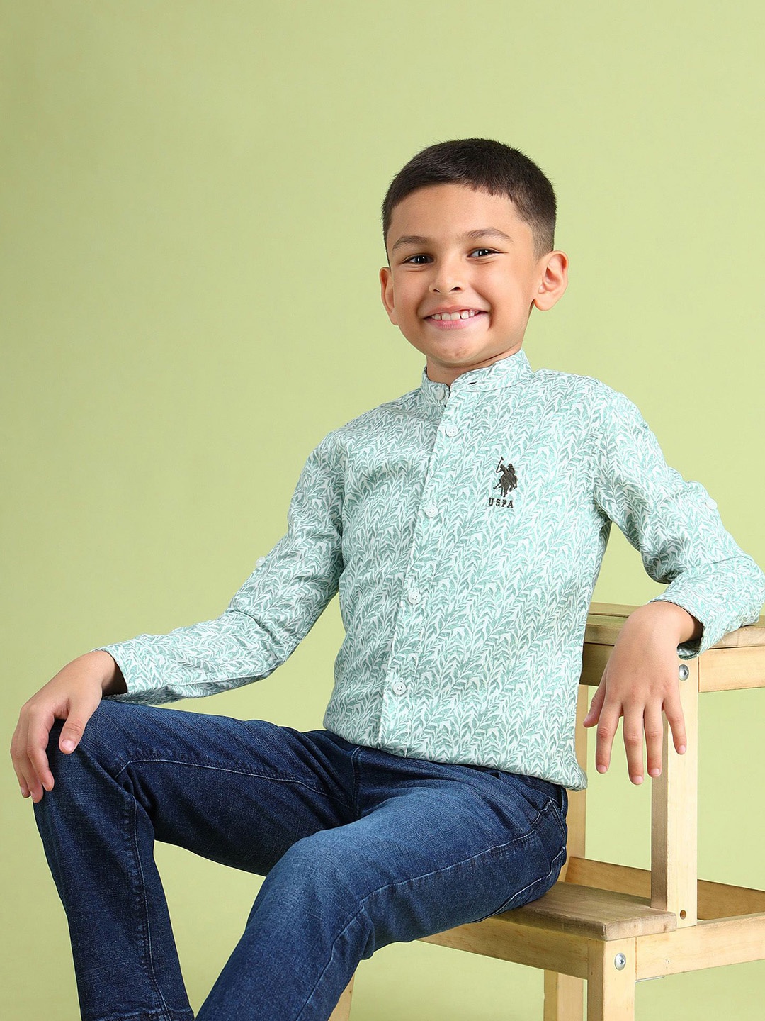 

U.S. Polo Assn. Kids Boys Mandarin Collar Floral Printed Cotton Casual Shirt, Green
