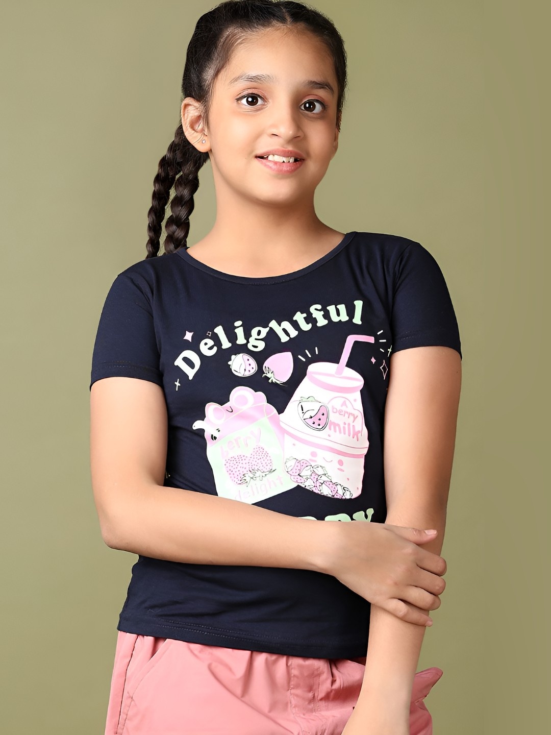 

V-Mart Girls Graphic Printed Round Neck Cotton T-shirt, Navy blue