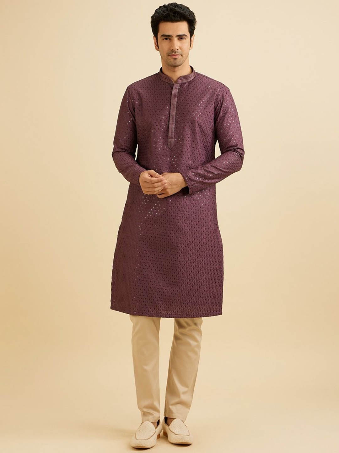

Manyavar Geometric Embroidered Sequinned Mandarin Collar Straight Kurta with Pyjamas, Purple