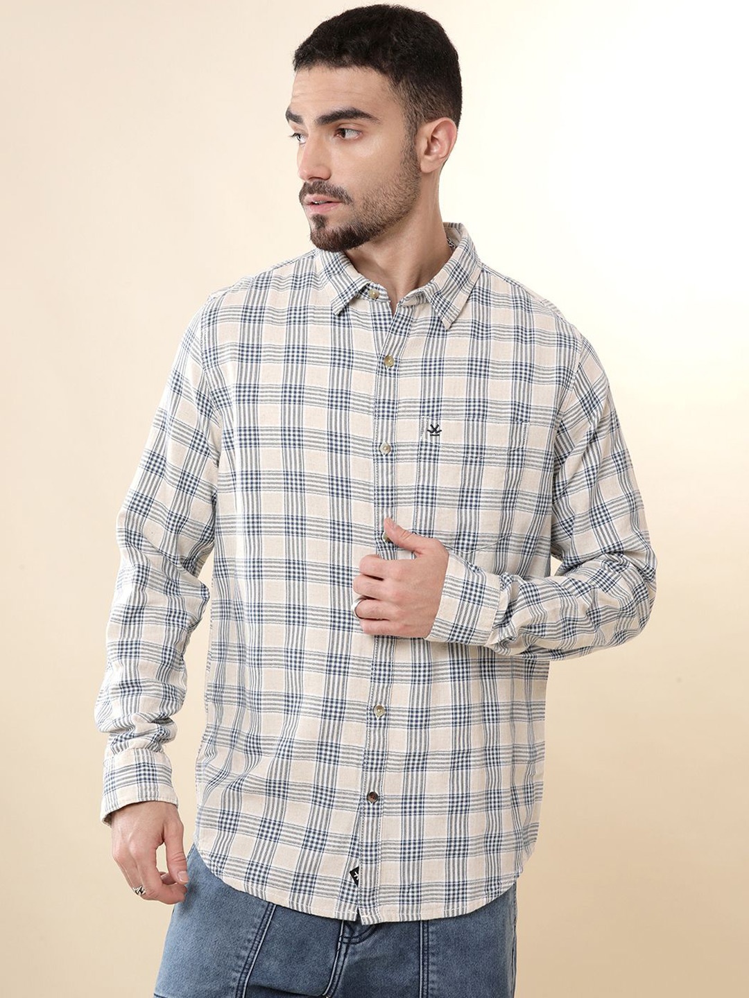 

WROGN Men Comfort Spread Collar Tartan Checked Cotton Casual Shirt, Beige