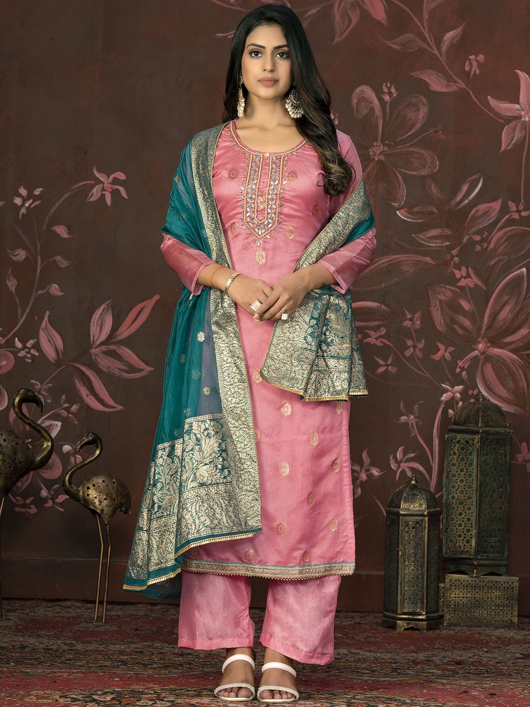 

Maroosh Floral Embellished Beads and Stones Organza Unstitched Dress Material, Pink