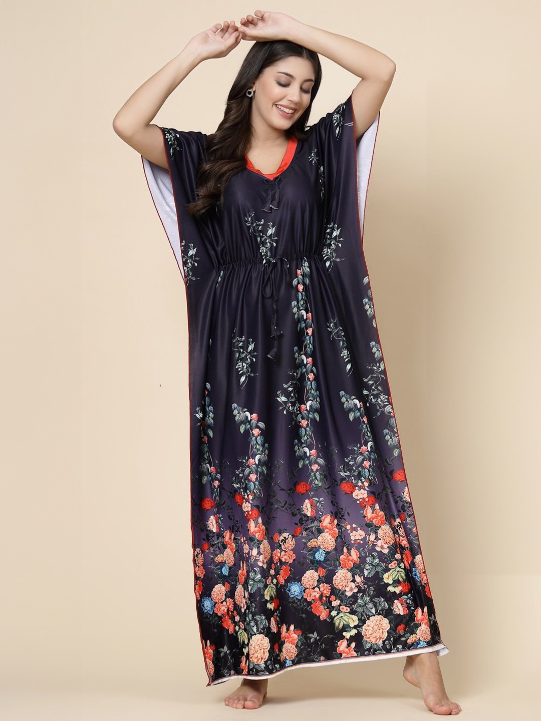 

CHUI MUI Women Printed Maxi Kaftan Nightdress, Navy blue