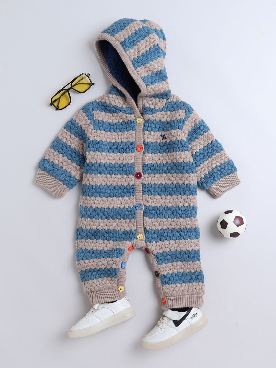 

Yellow Apple Kids Striped Long Sleeve Hooded Winter Rompers, Teal