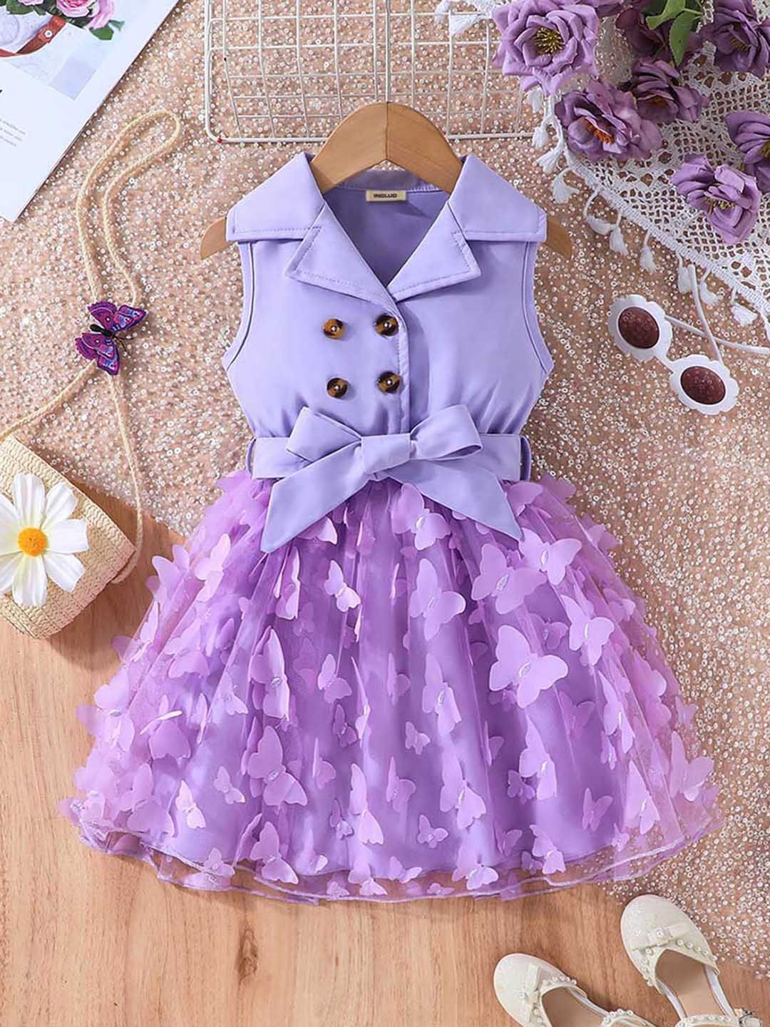 

INCLUD Girls Self Design Detail Bow Fit & Flare Dress, Purple