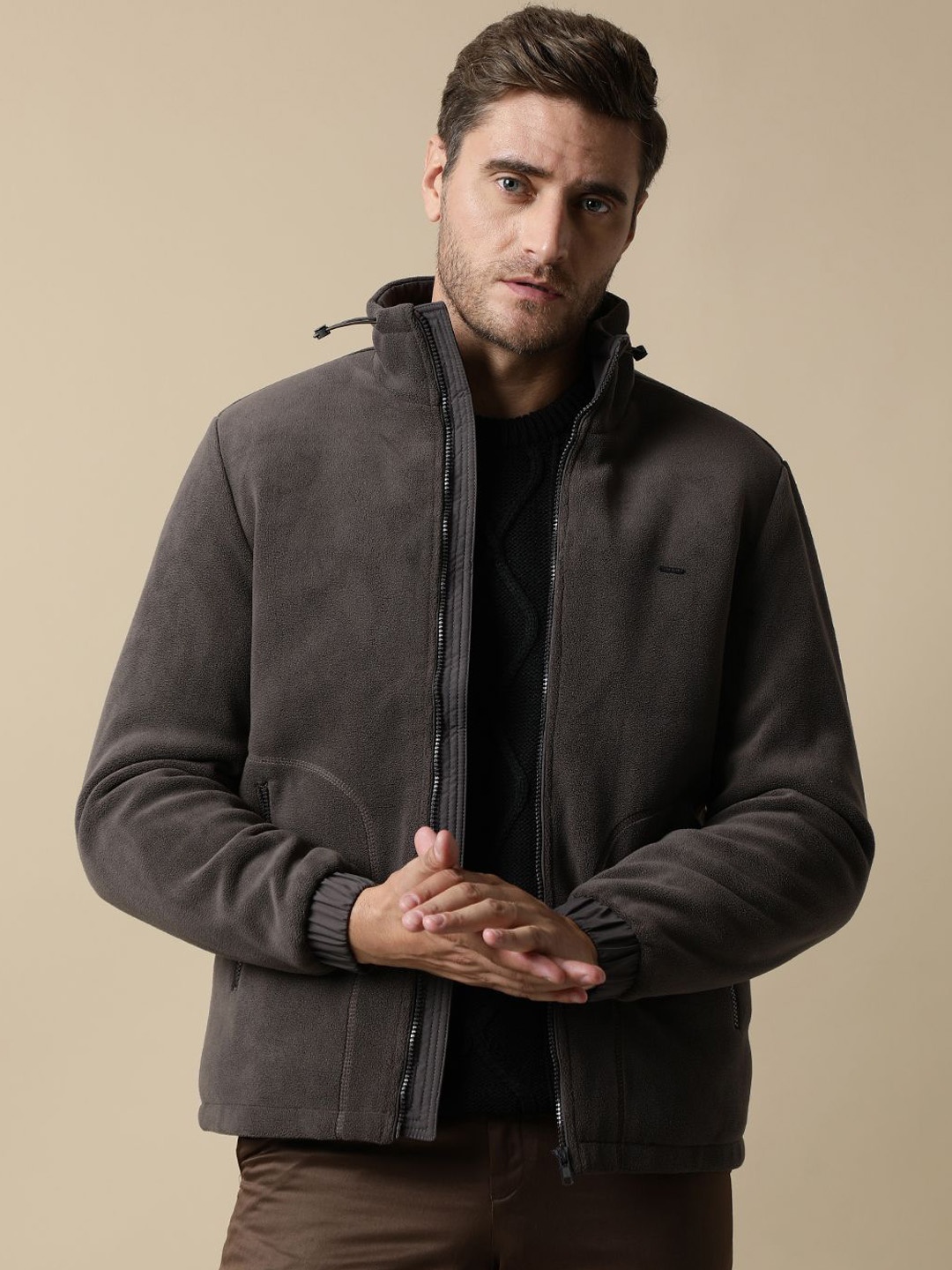 

Fort Collins Men Mock Collar Self Design Fleece Casual Sporty Jacket, Coffee brown