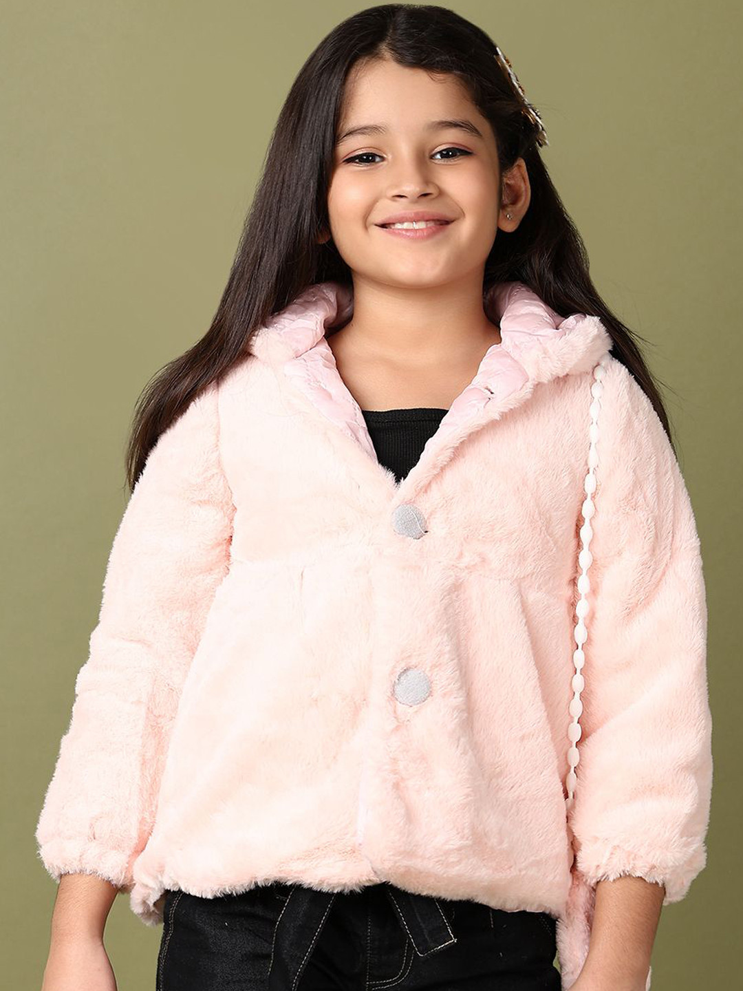 

V-Mart Girls Hooded Solid Cotton Casual Parka Jacket, Peach