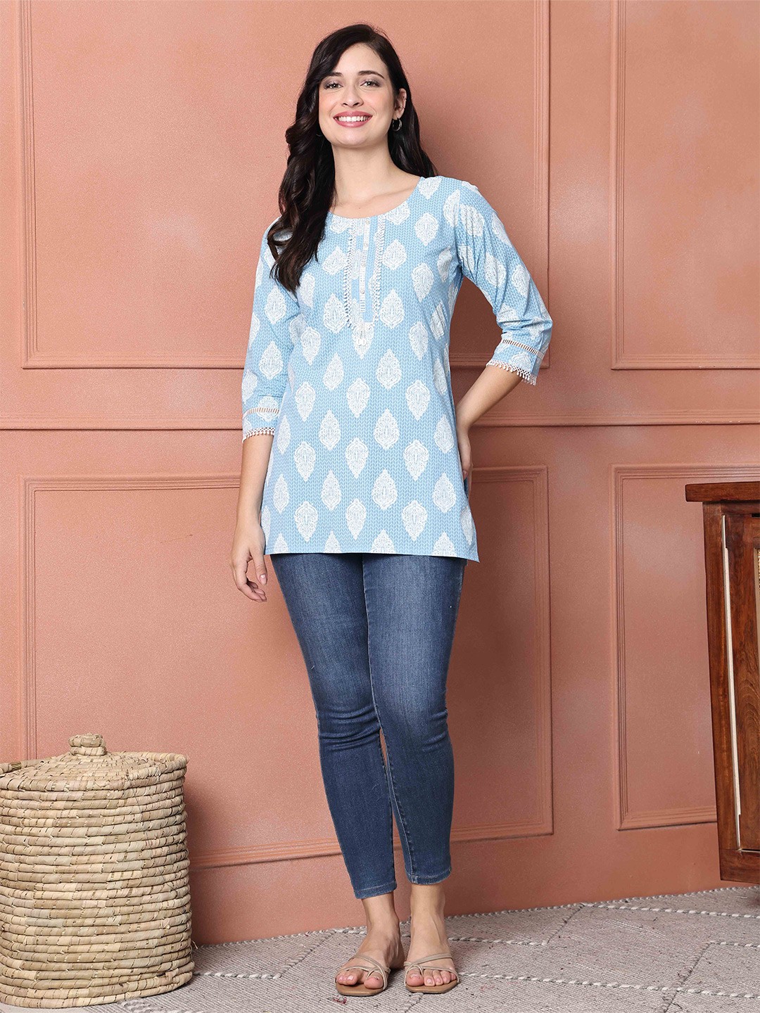 

Roly Poly Women Cotton Printed Ethnic Tunic, Turquoise blue