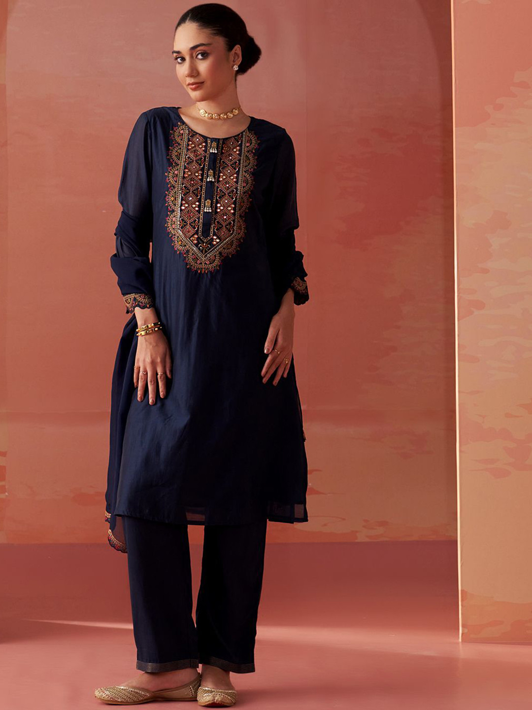

Lakshita Embroidered Mirror Work Chanderi Cotton Straight Kurta with Trouser, Navy blue