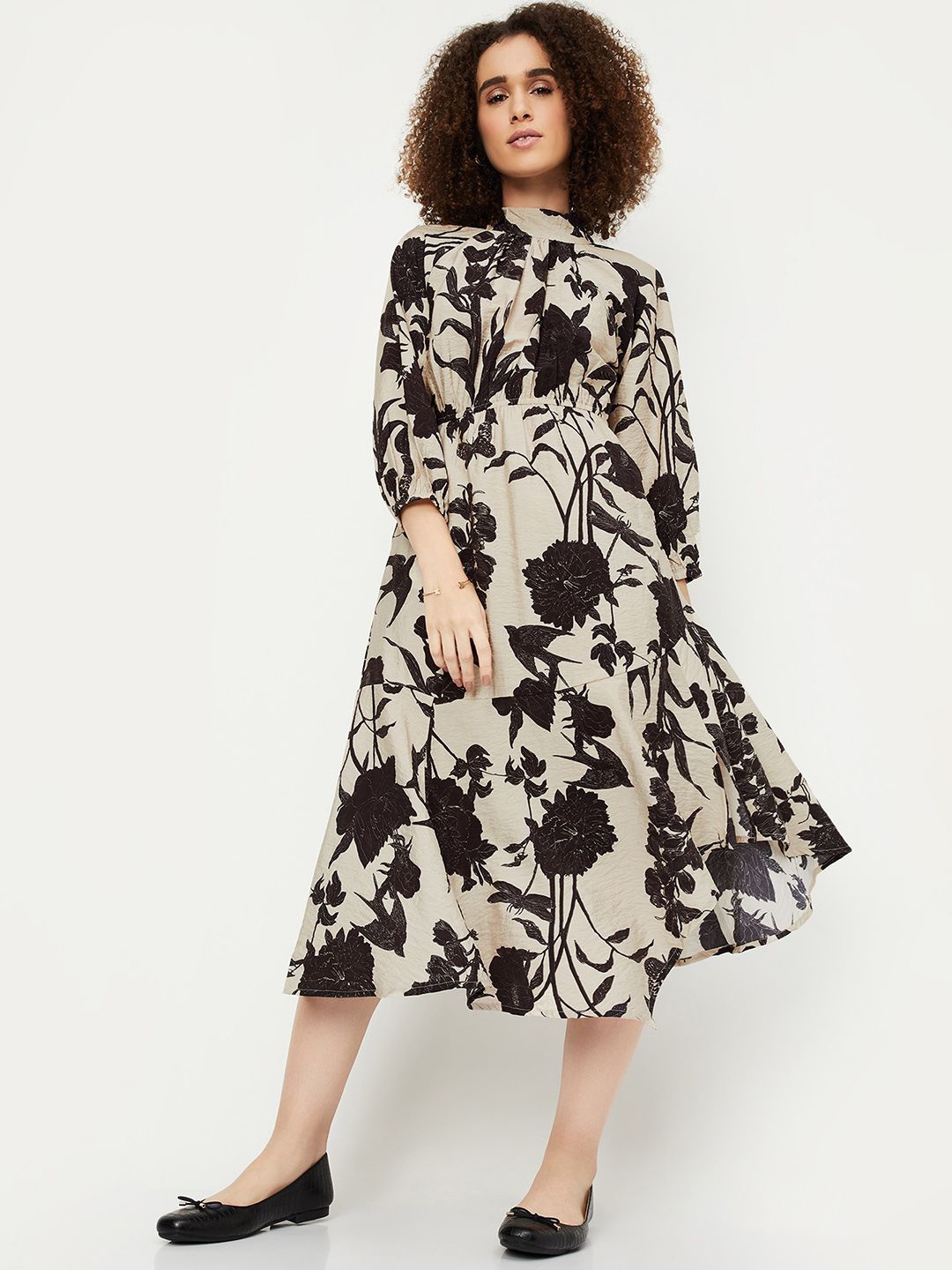 

max Floral Printed High Neck Bishop Sleeves Fit & Flare Midi Dress, Off white