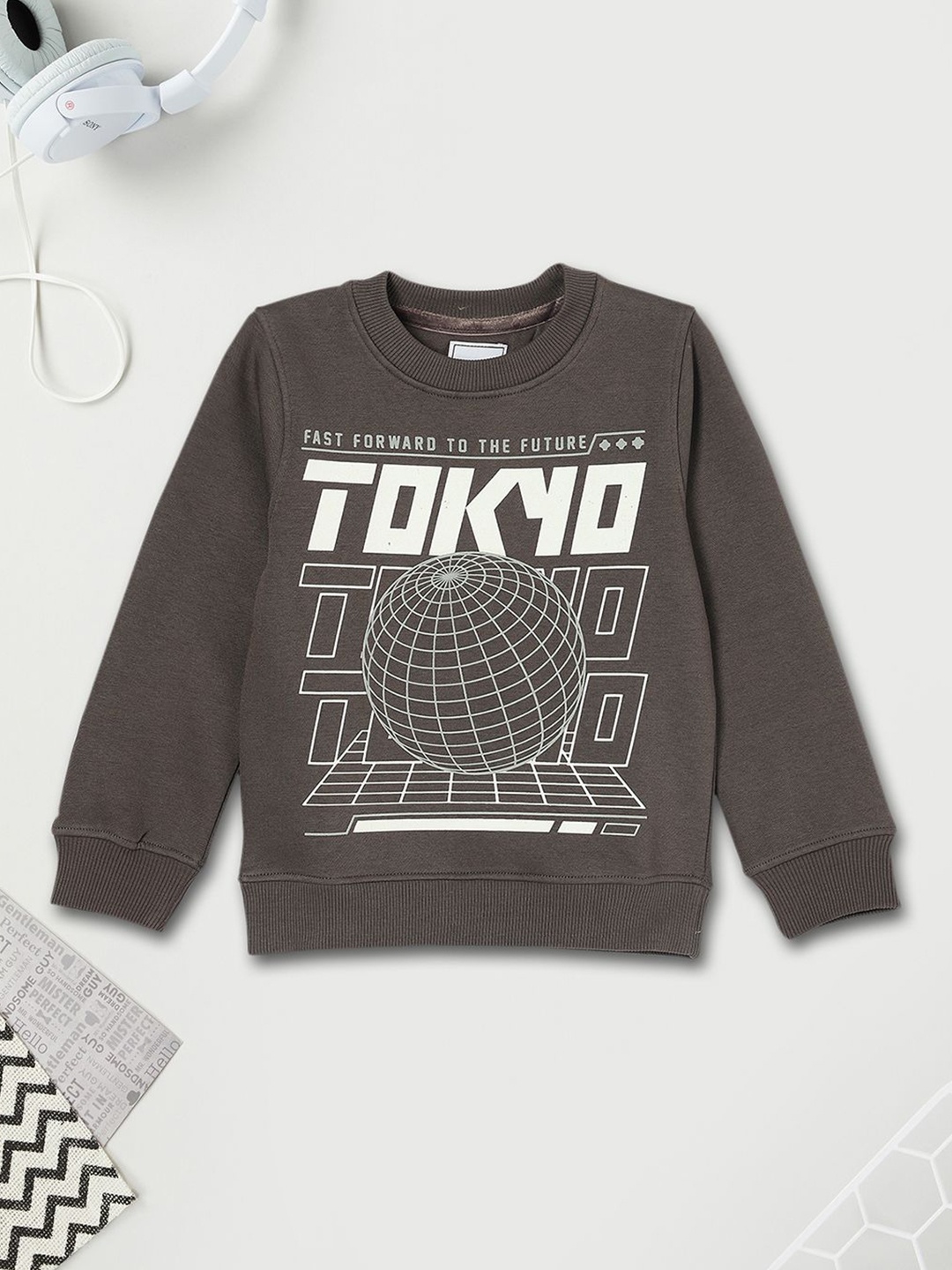 

max Boys Printed Cotton Long Sleeves Sweatshirt, Brown