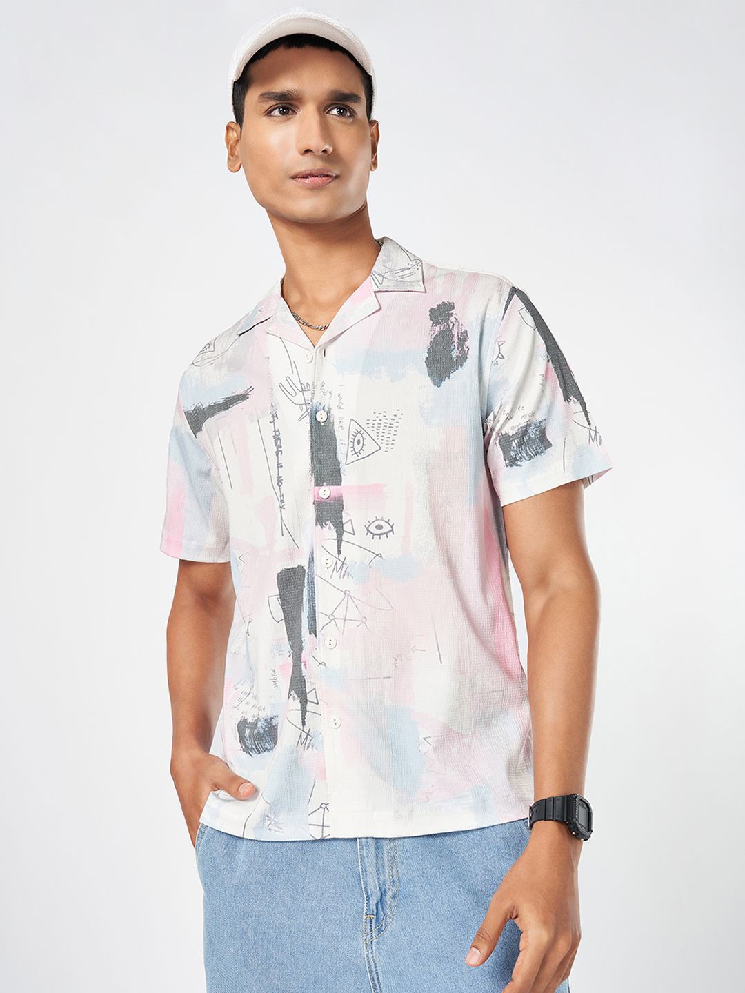 

People Men Cuban Collar Abstract Printed Slim Fit Casual Shirt, Off white