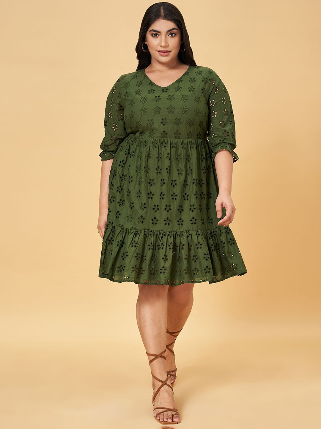 

Honey Curvytude by Pantaloons Cotton Puff Sleeve Empire Plus Size Dress, Green