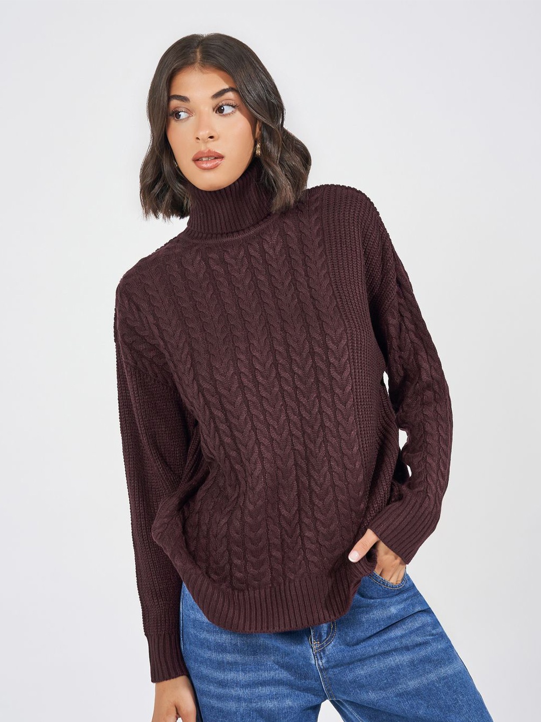 

Styli Women Boxy Fit Regular Length Chunky Cable Knit Turtle Neck Sweater, Brown