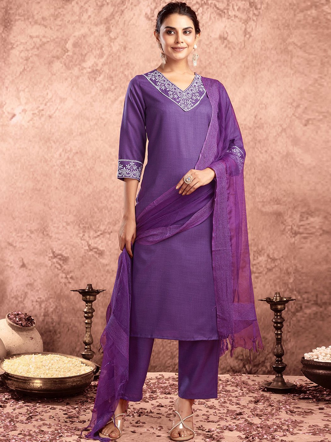 

KALINI Ethnic Motifs Yoke Design Thread Work Straight Kurta With Trouser & Dupatta, Violet