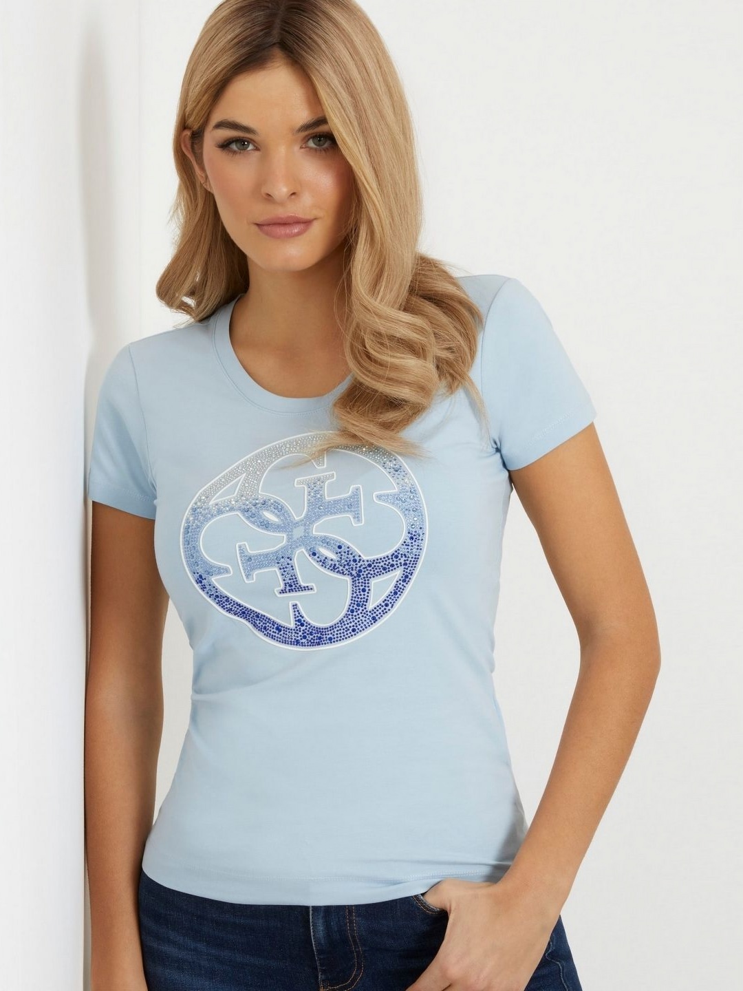 

GUESS Women Graphic Printed Round Neck Cotton T-shirt, Blue