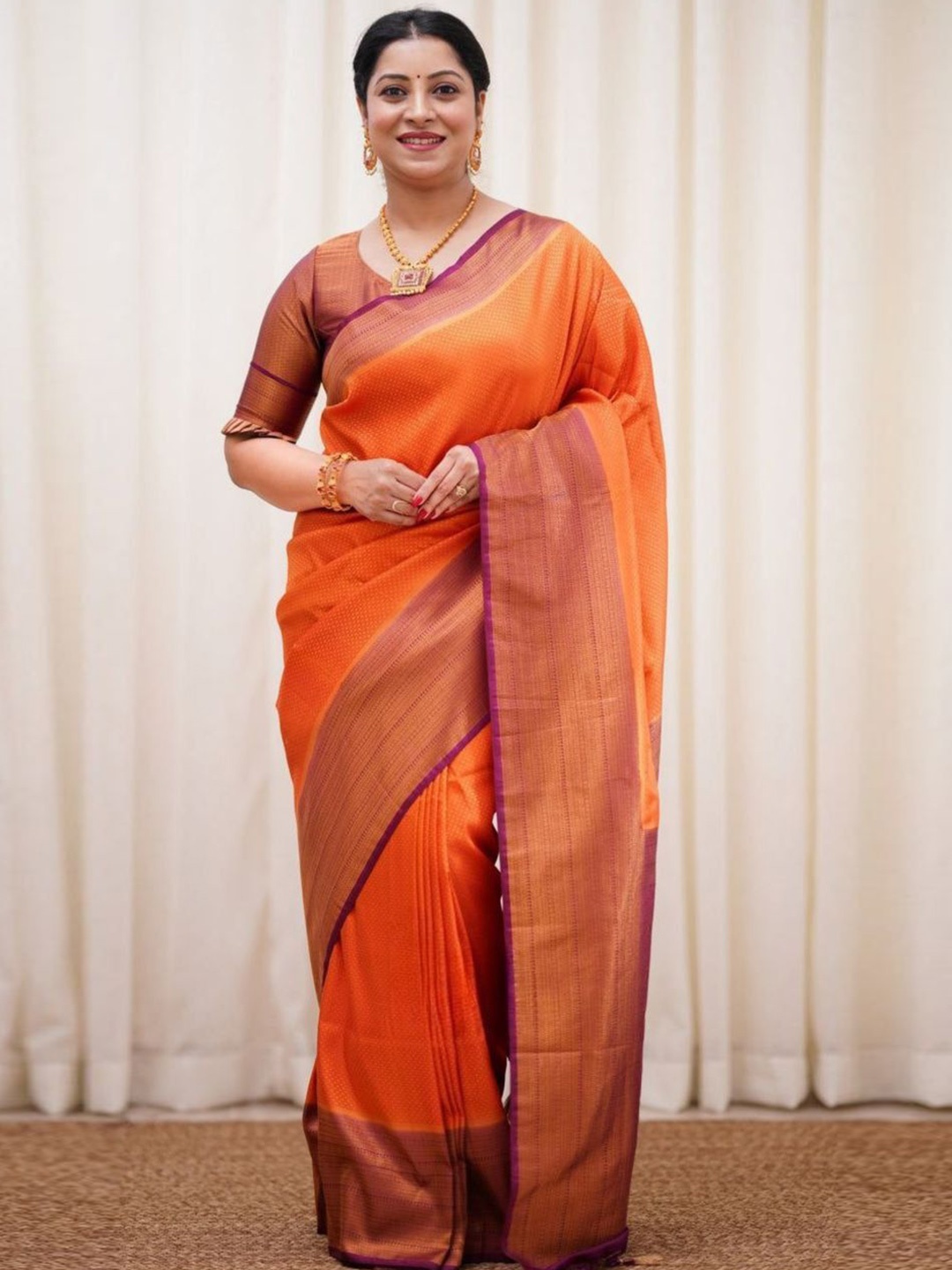 

KALINI Woven Design Zari Pure Silk Kanjeevaram Saree, Orange