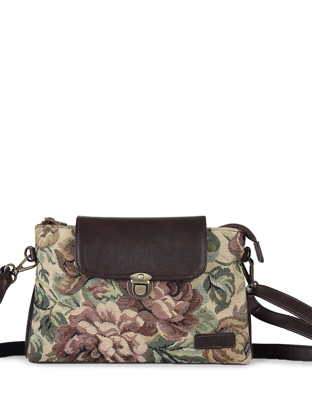 

RUDHIRA Floral Printed PU Structured Sling Bag, Brown