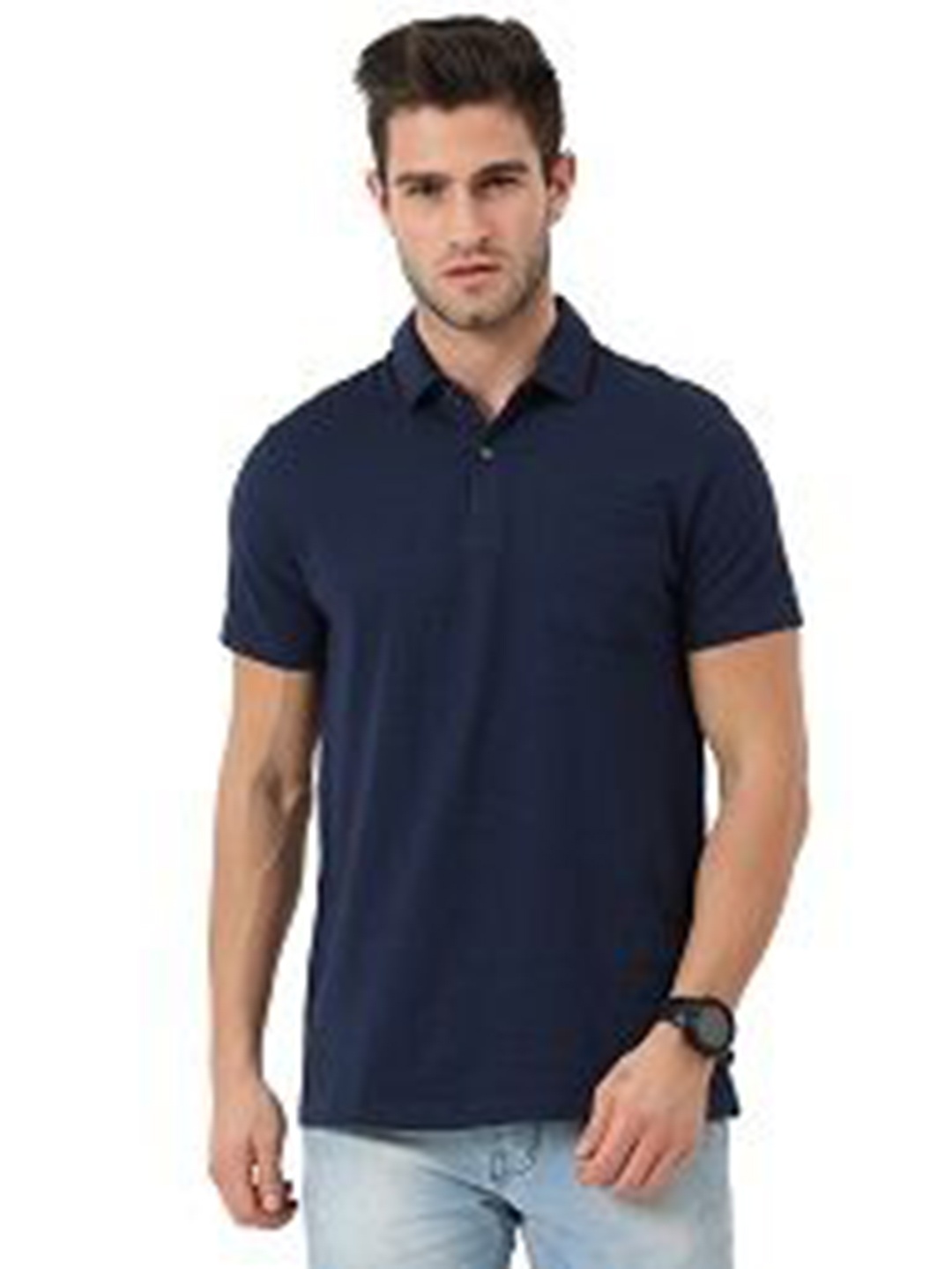 

ECOLINE Clothing Men Antimicrobial Solid Polo Collar Cotton T-shirt, Navy blue