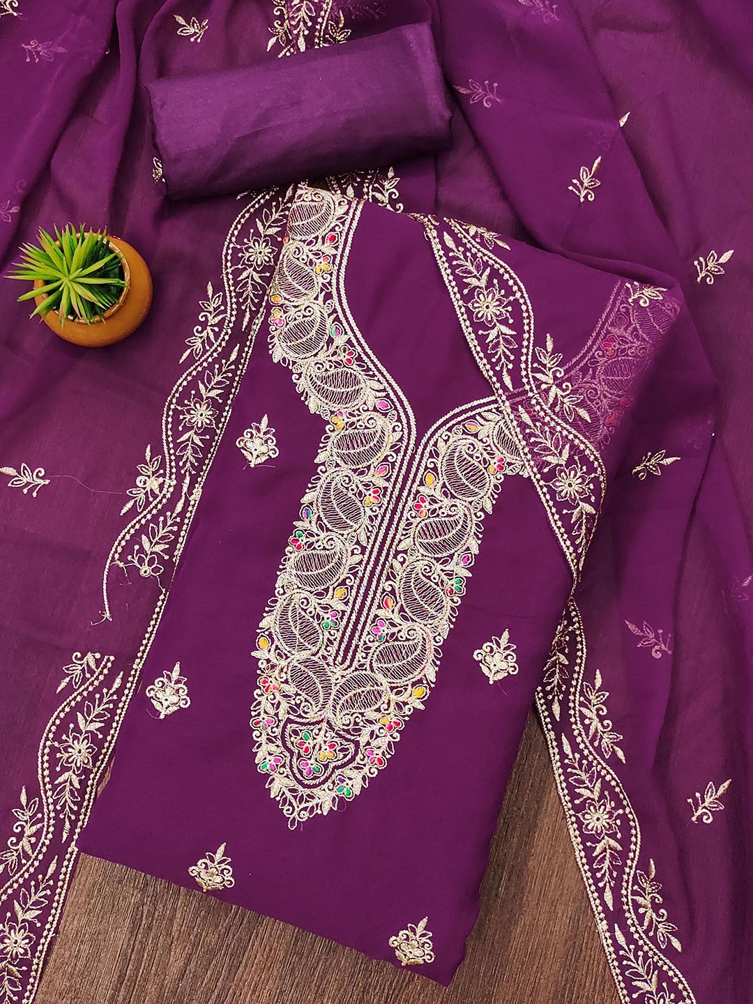 

KALINI Embroidered Silk Georgette Unstitched Dress Material, Purple