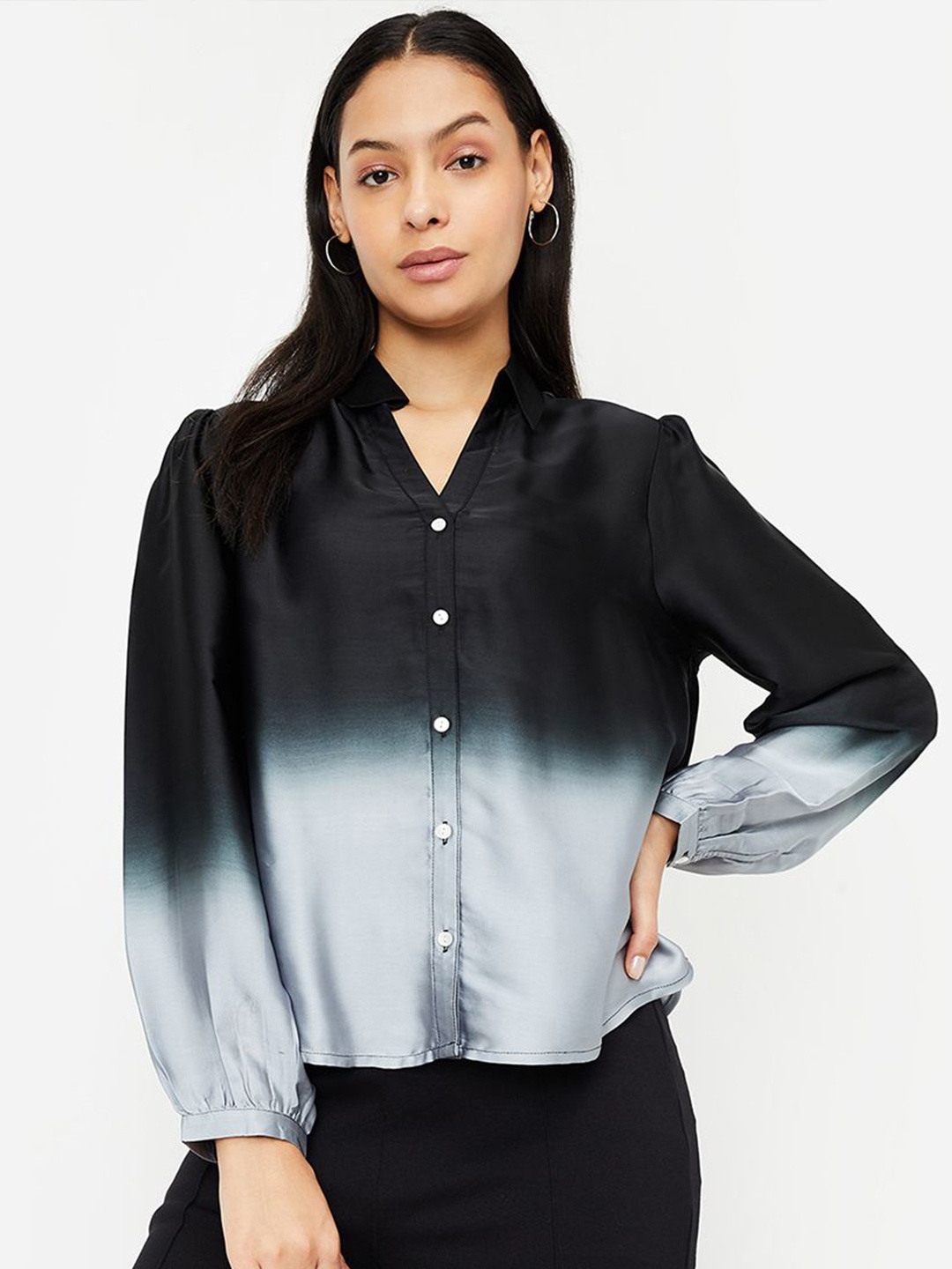 

max Women Spread Collar Faded Casual Shirt, Grey