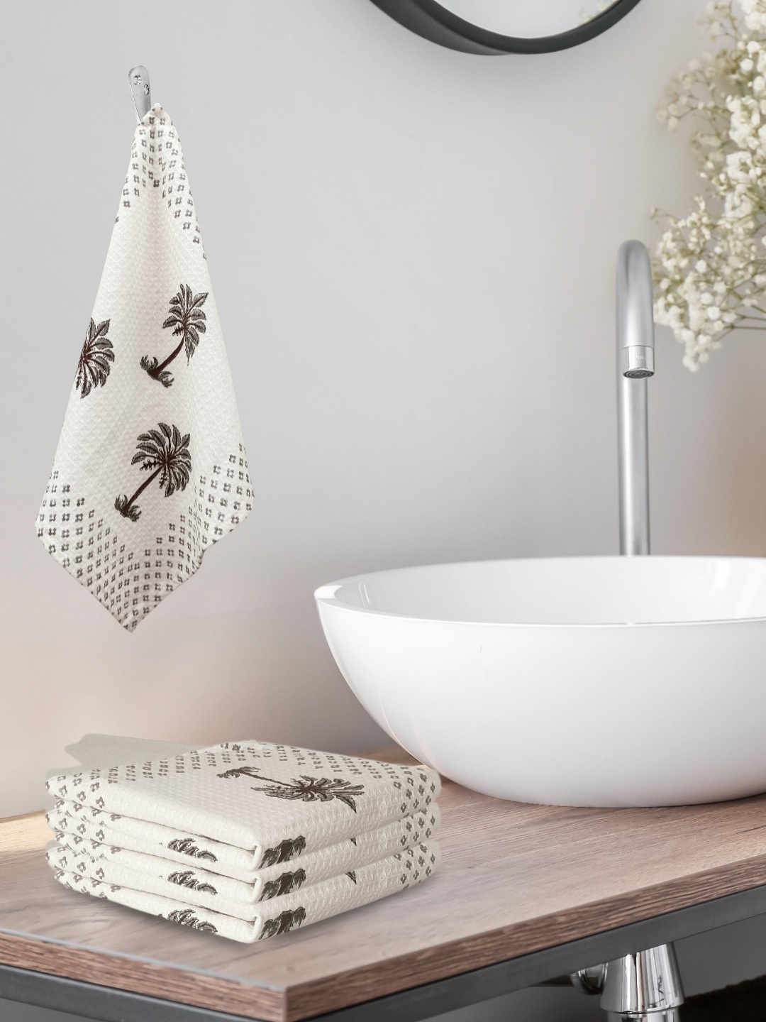 

LIVING ROOTS Grey 4 Pieces Block Print Waffle Cotton 210 GSM Soft & Absorbent Hand Towels