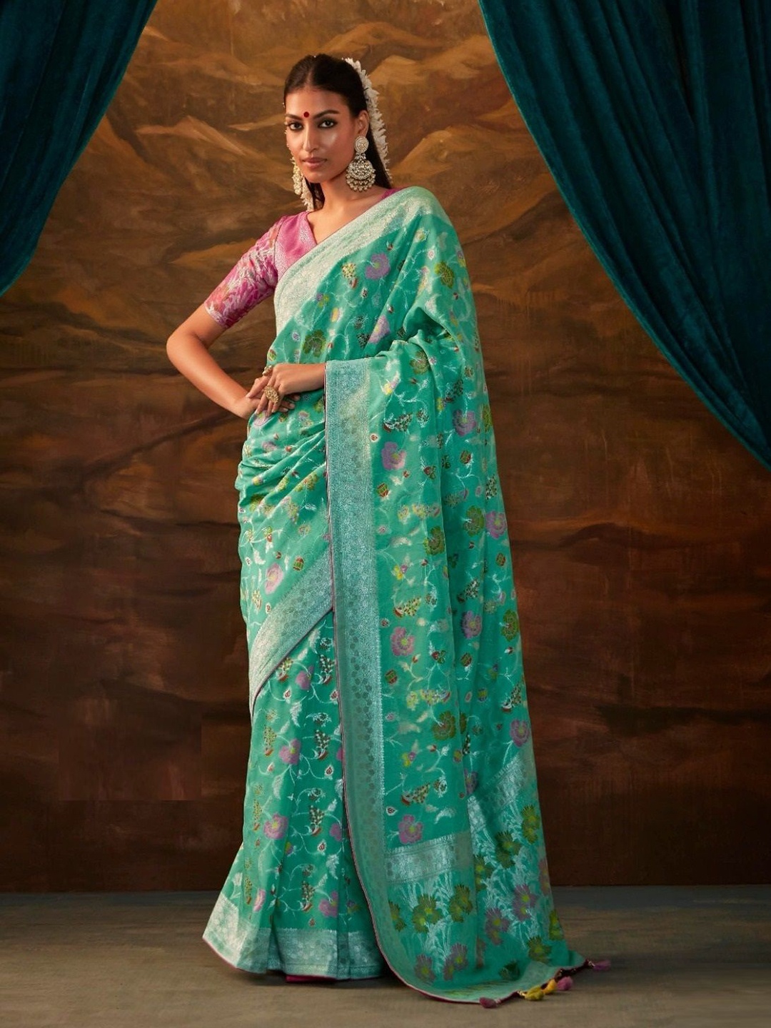 

MAHALASA Ethnic Motifs Woven Design Zari Paithani Saree, Teal