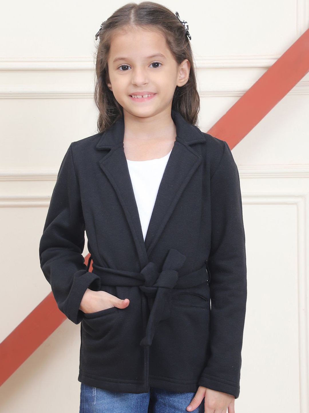 

MINI & MING Girls Cotton Long Sleeve Winter Coats With Waist Belt, Black