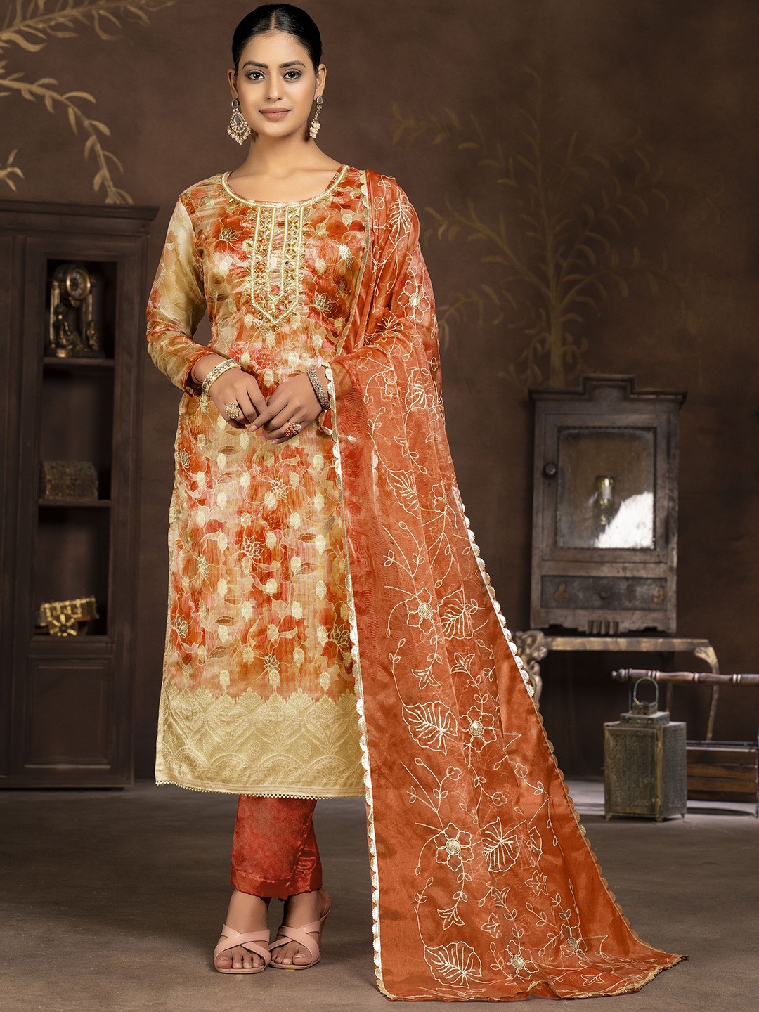 

Maroosh Floral Embroidered Unstitched Dress Material, Orange