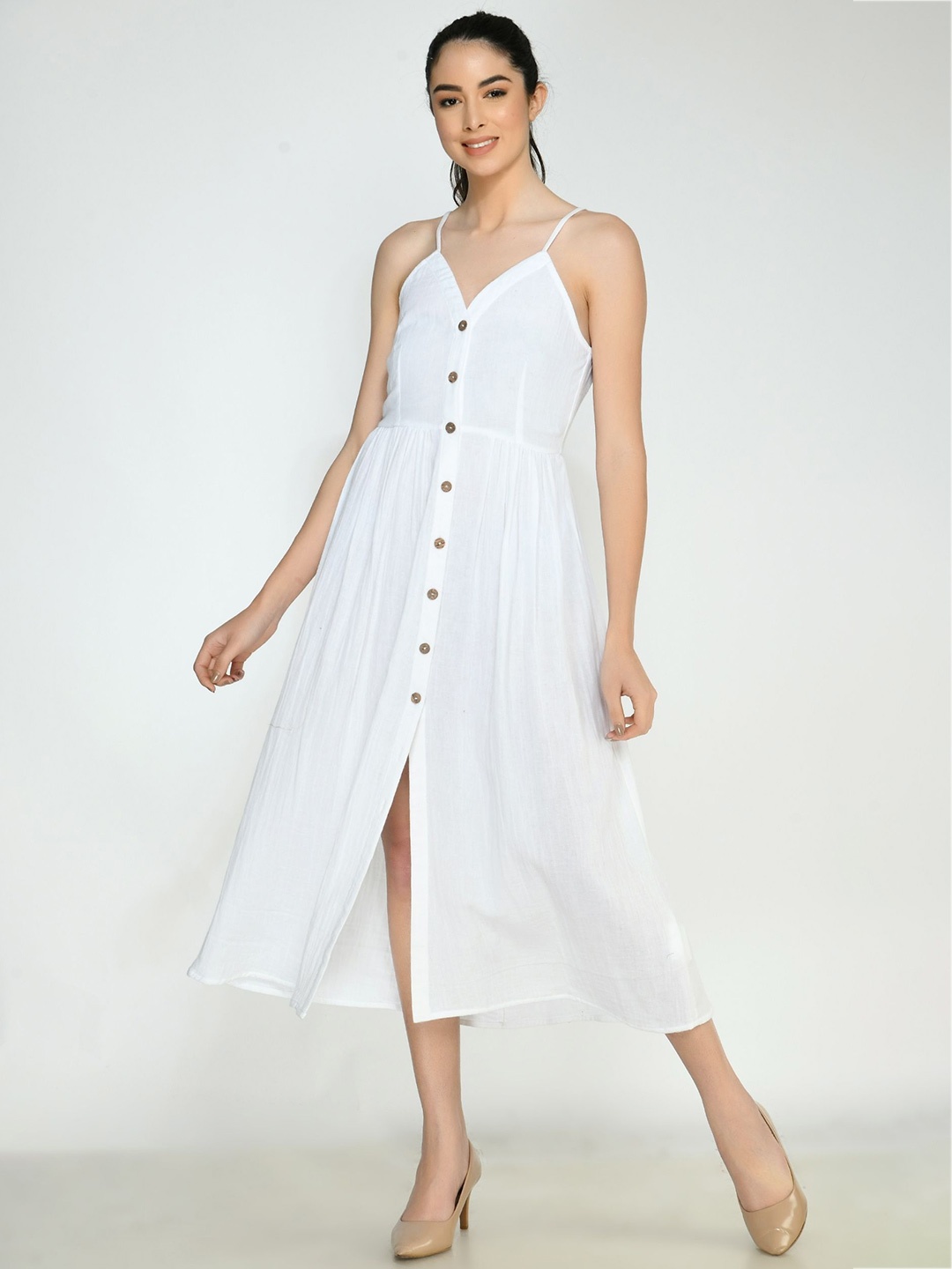 

Sini Lifestyle Women Sleeveless Cotton Fit & Flare Midi Dress, White