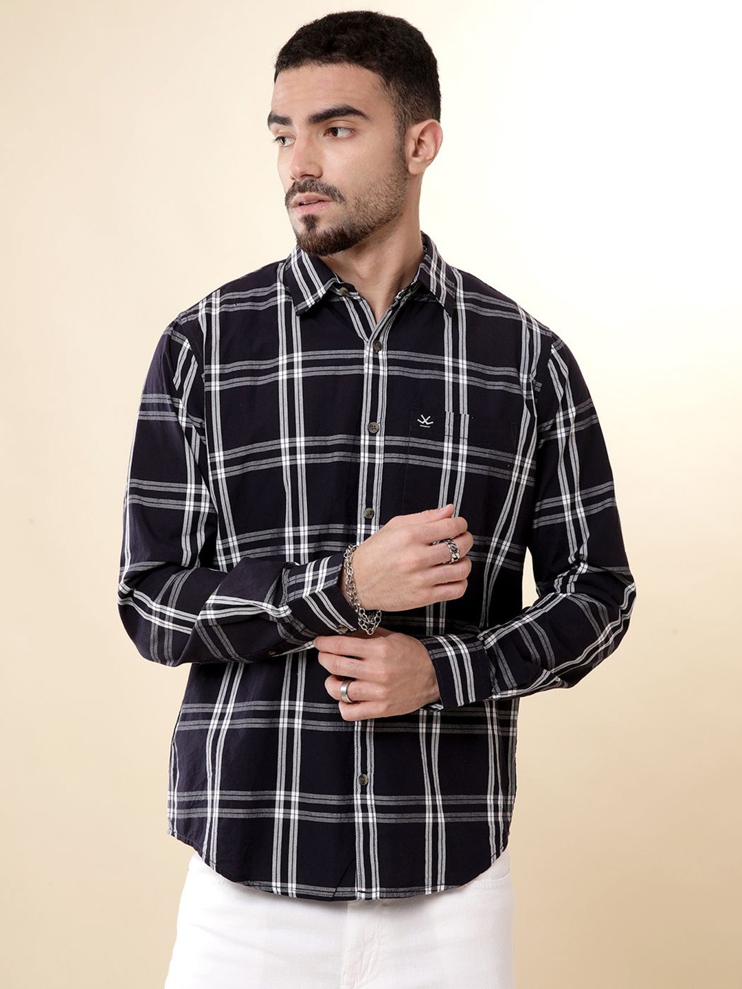 

WROGN Men Comfort Spread Collar Tartan Checked Cotton Casual Shirt, Black