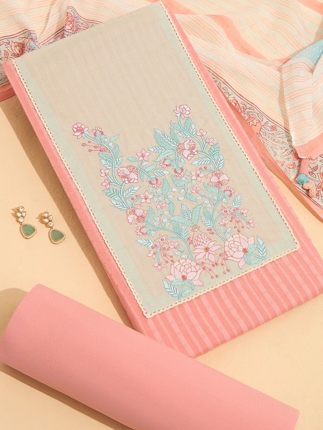 

Taneira Floral Embroidered Pure Cotton Unstitched Dress Material, Pink