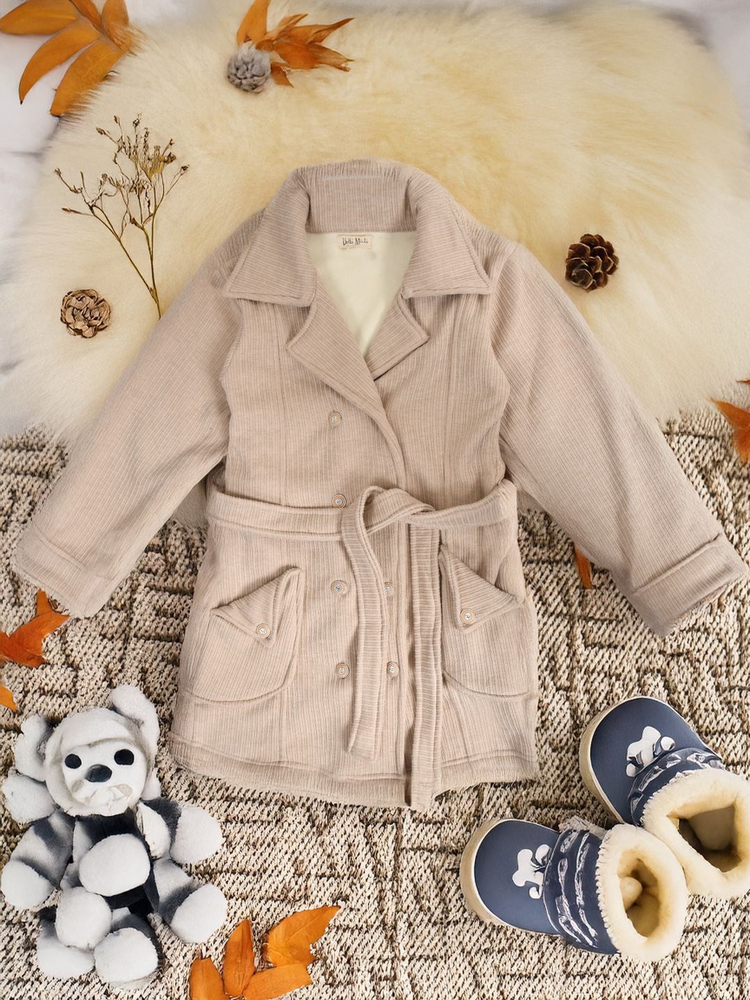 

BAESD Girls Lapel Collar Self Design Woollen Casual Tailored Jacket, Cream