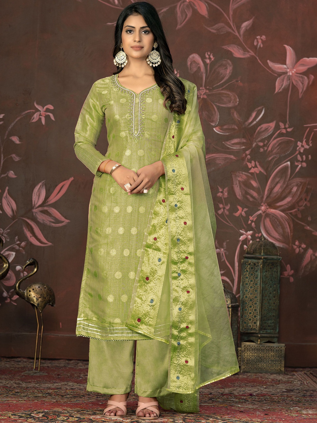 

Maroosh Ethnic Motifs Embellished Beads and Stones Jacquard Unstitched Dress Material, Green